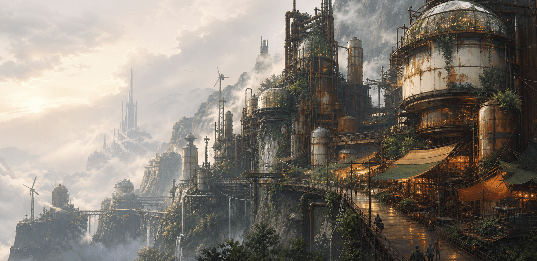 A rusted vertical refinery city covered in vines, greenhouse domes, warm lights, walkways, and wind towers above a misty mountain valley.